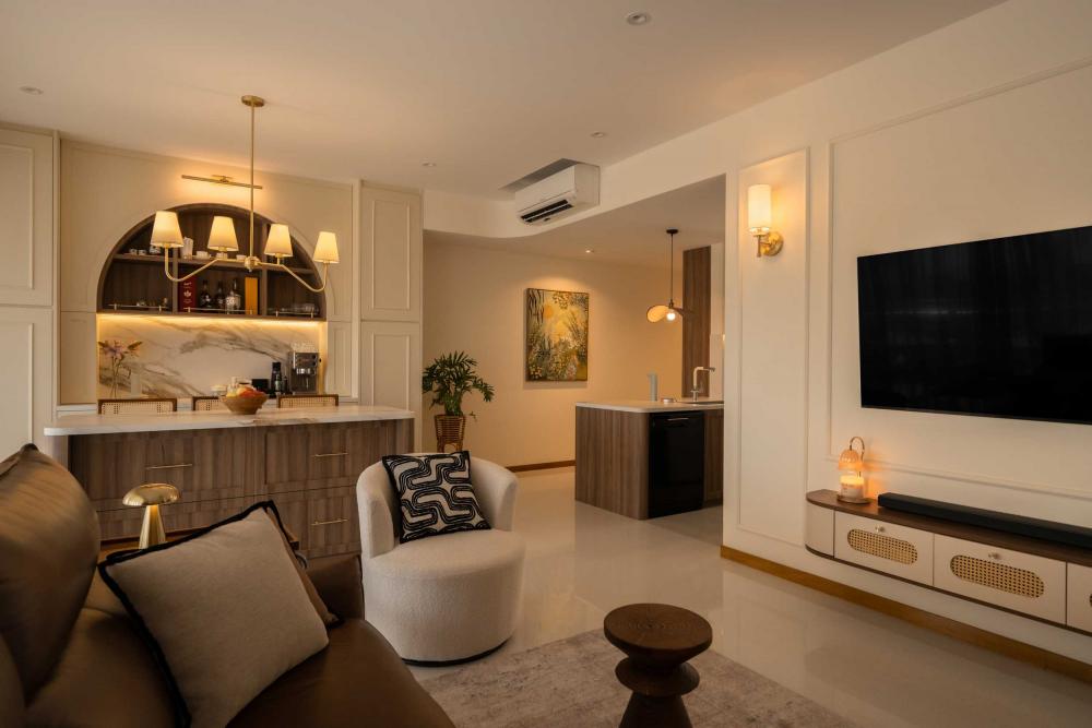 Contemporary Living Room with Feature Wall and Kitchen Island