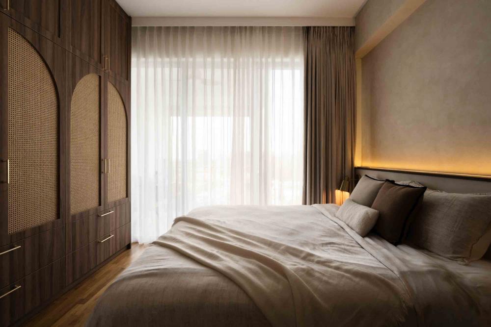 Contemporary Bedroom with Wood Flooring and Feature Wall