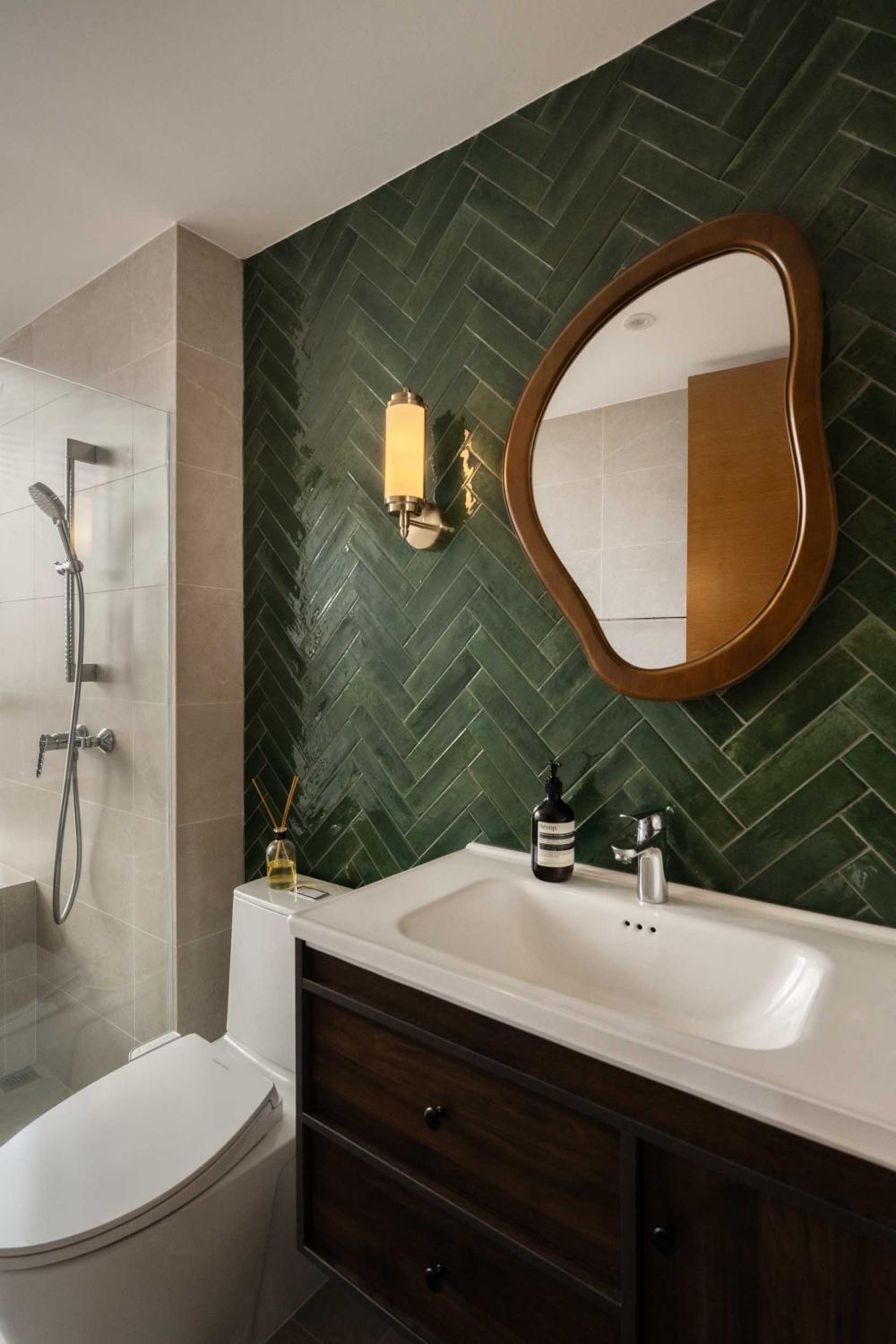 Contemporary Bathroom with Herringbone Tiling and Mirror