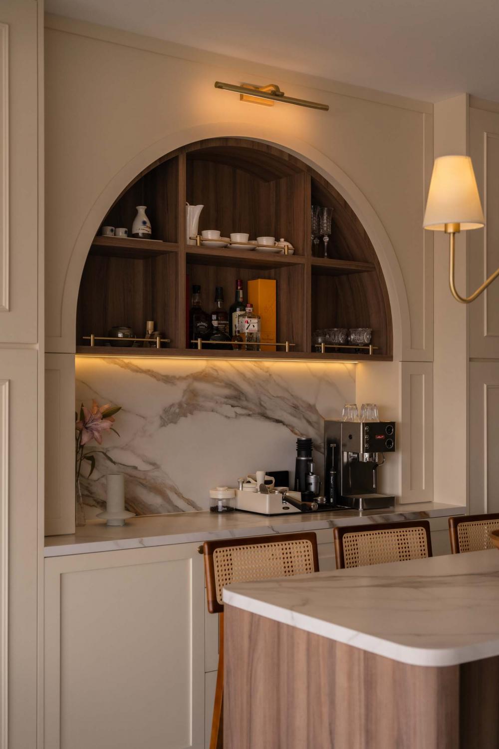 Contemporary Pantry with Kitchen Island and Breakfast Counter