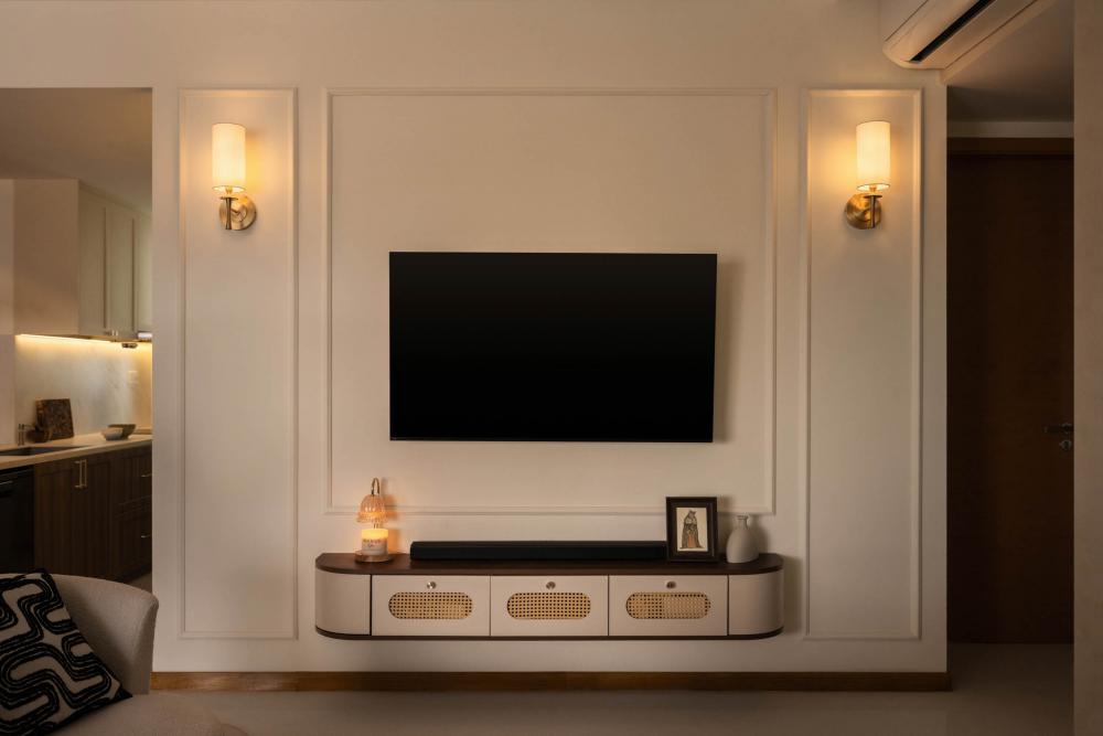 Contemporary Living Room with TV Console and Feature Wall