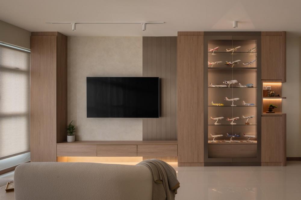 Contemporary Living Room with TV Console and Feature Wall
