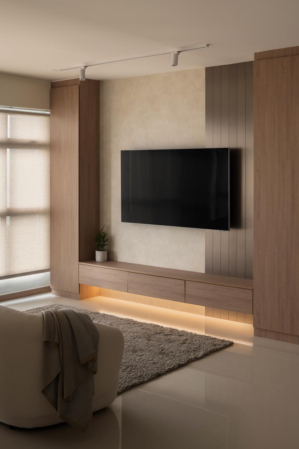 Contemporary Living Room with Homogeneous Tiles and TV Console