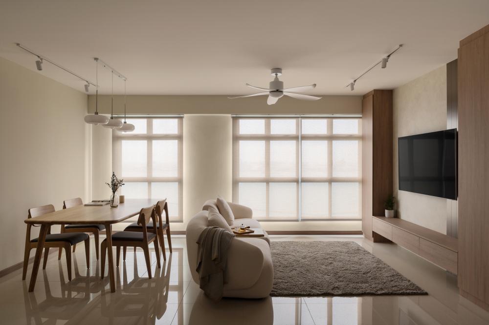Contemporary Living Room with Homogeneous Tiles and TV Console
