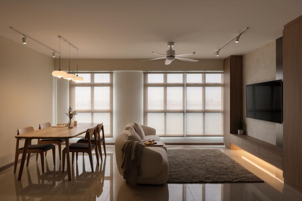 Contemporary Living Room with Homogeneous Tiles and TV Console