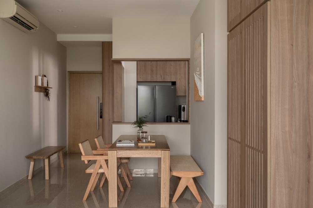 Asian Dining Room with Settee and Open Kitchen
