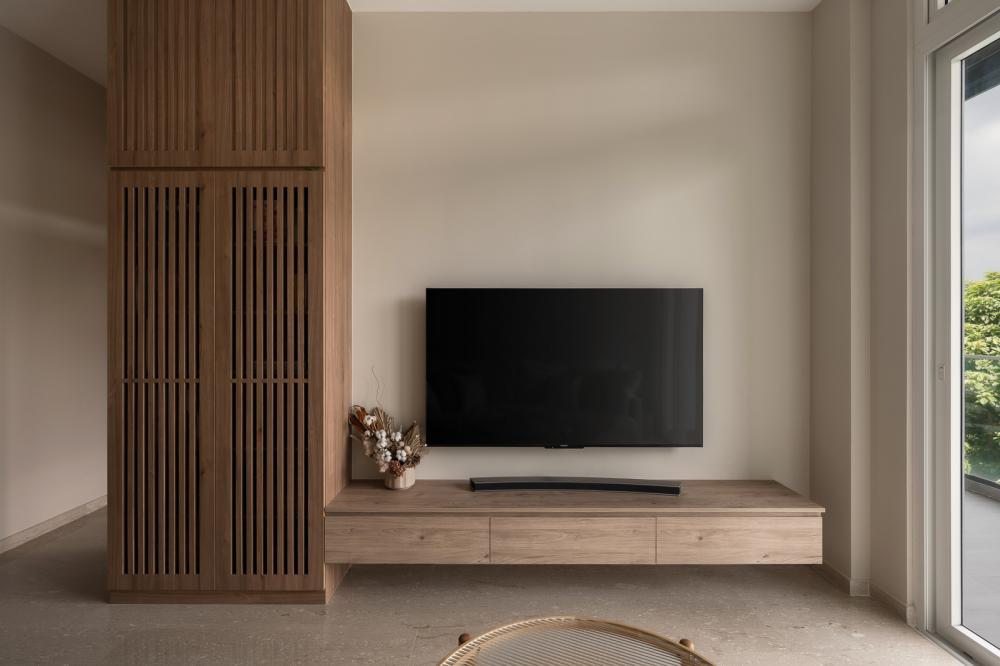 Asian Living Room with Marble Floor and TV Console