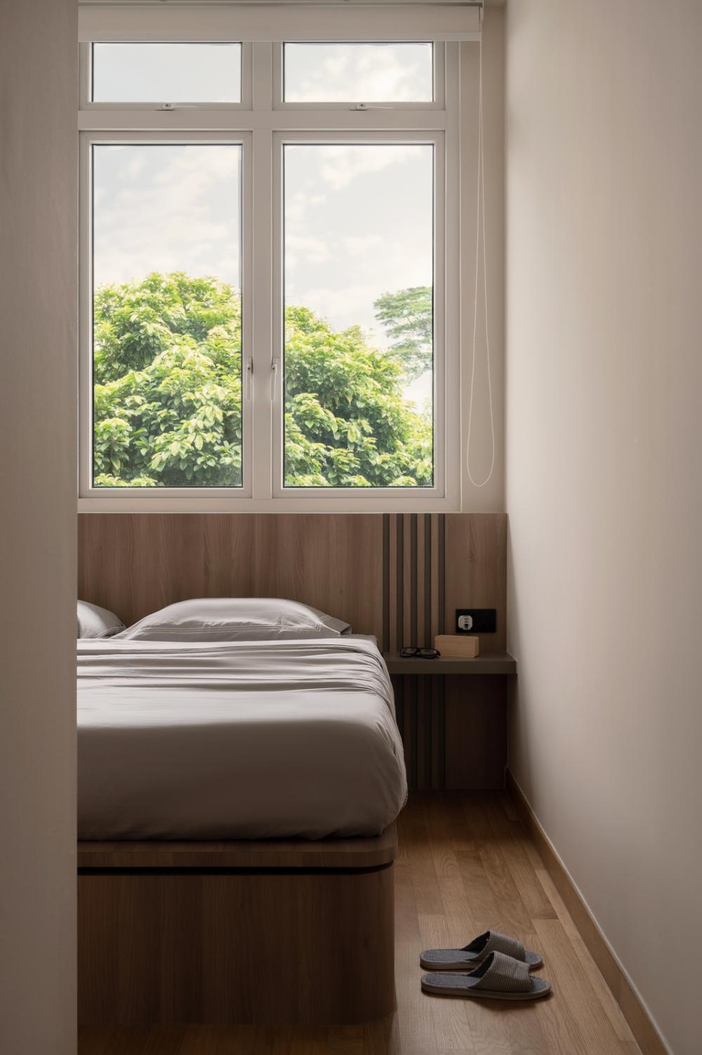 Asian Bedroom with Parquet Floor and Built-in Bed