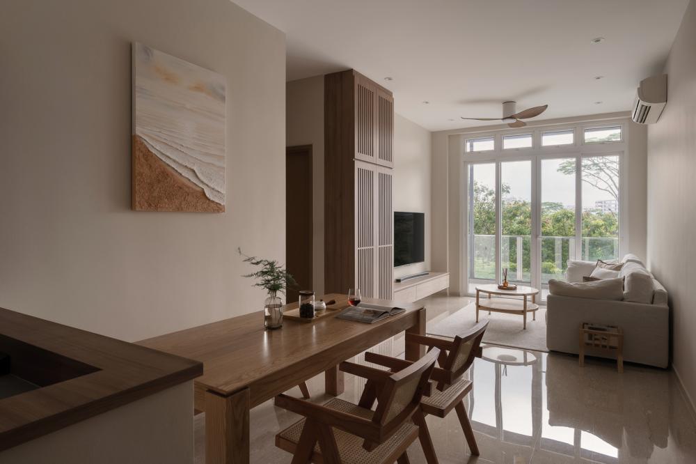 Asian Living Room with Marble Floor and TV Console