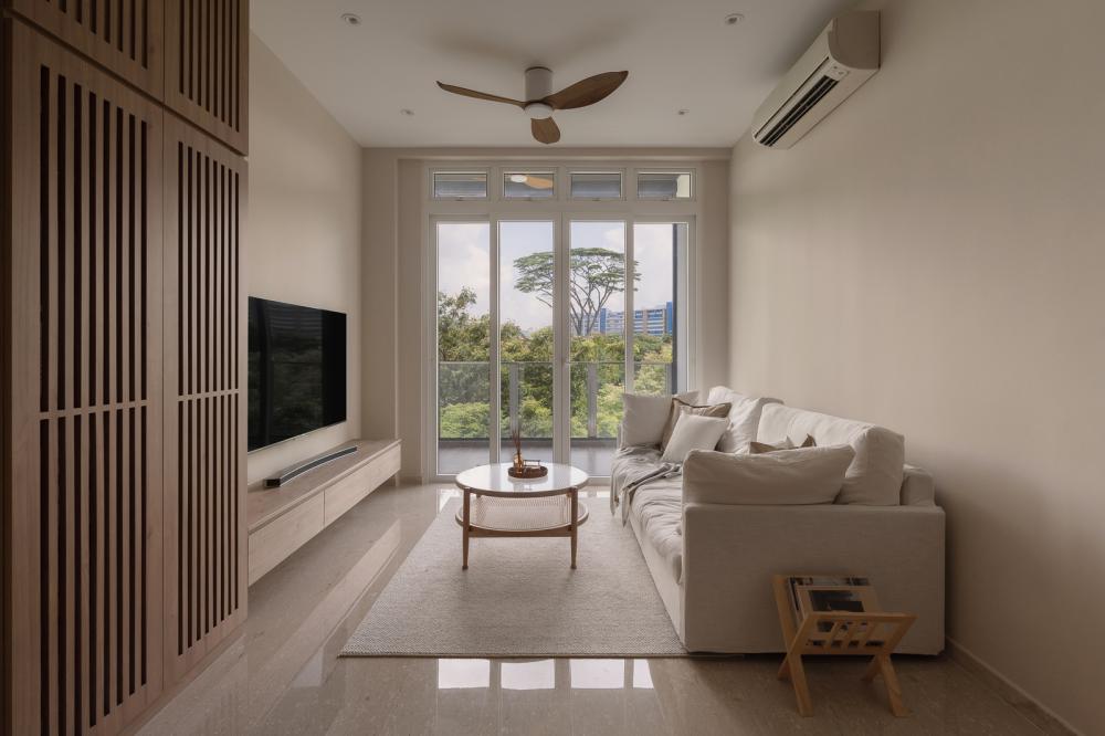 Asian Living Room with Marble Floor and TV Console