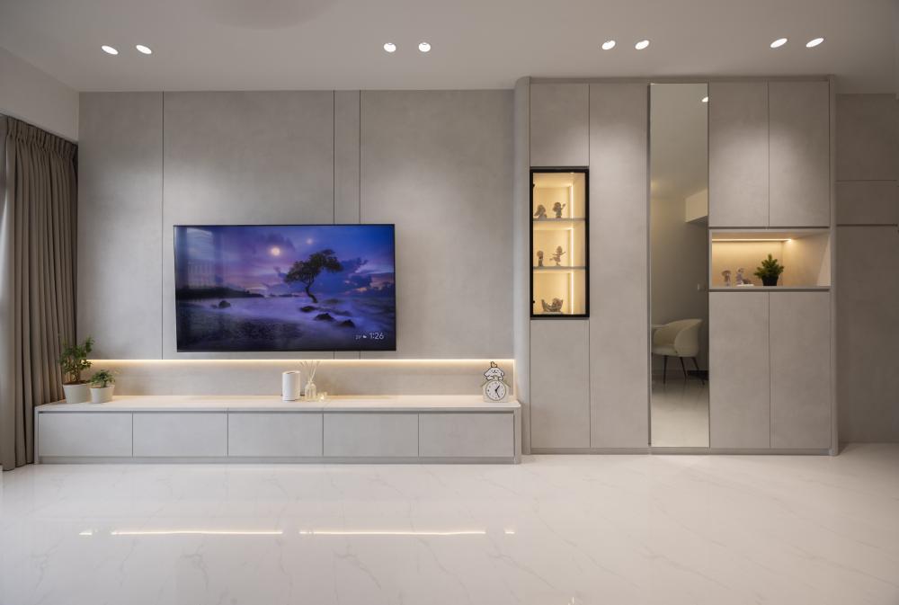 Contemporary Living Room with TV Console and Feature Wall