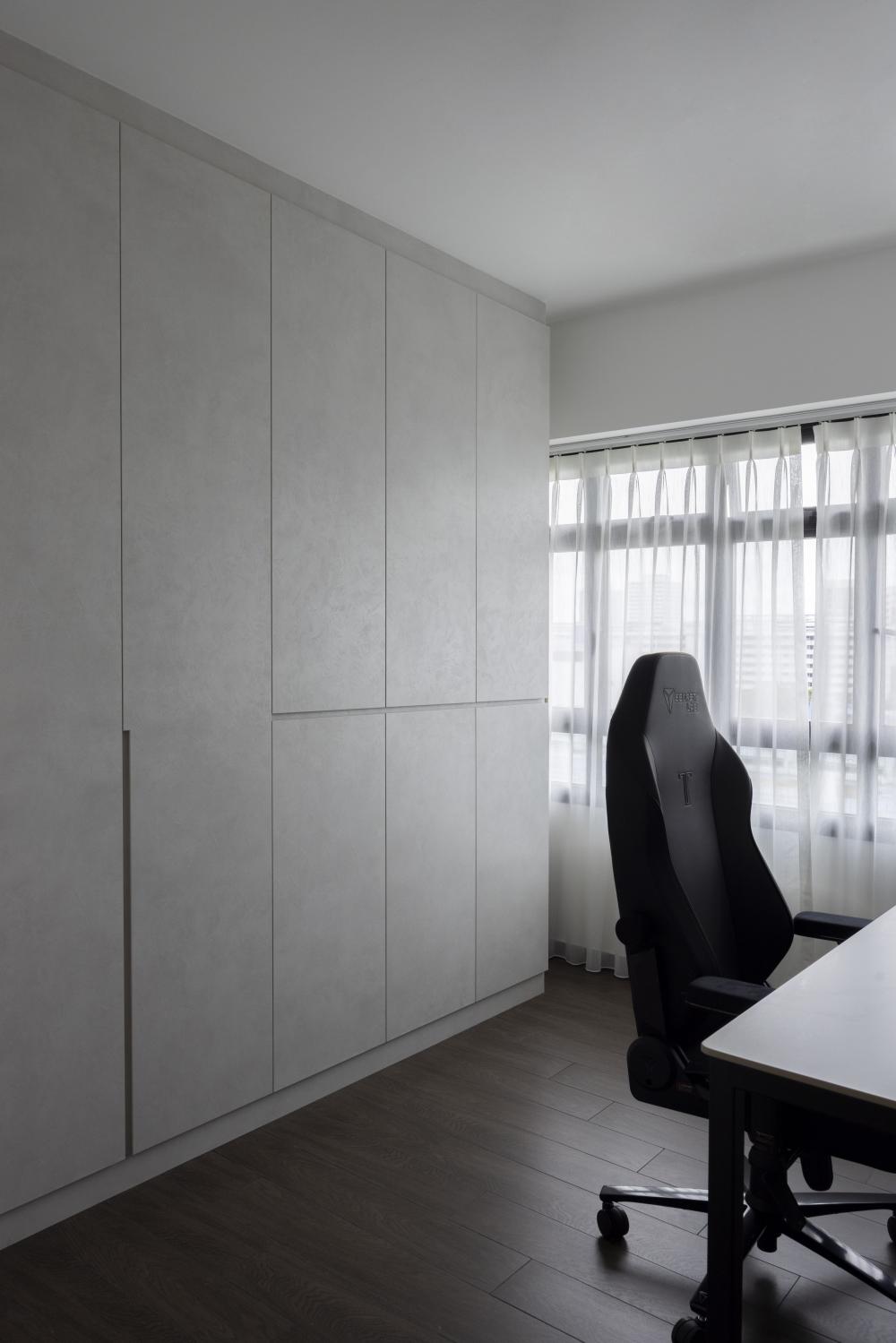 Contemporary Home Office with Drawer Units and Wall Shelves