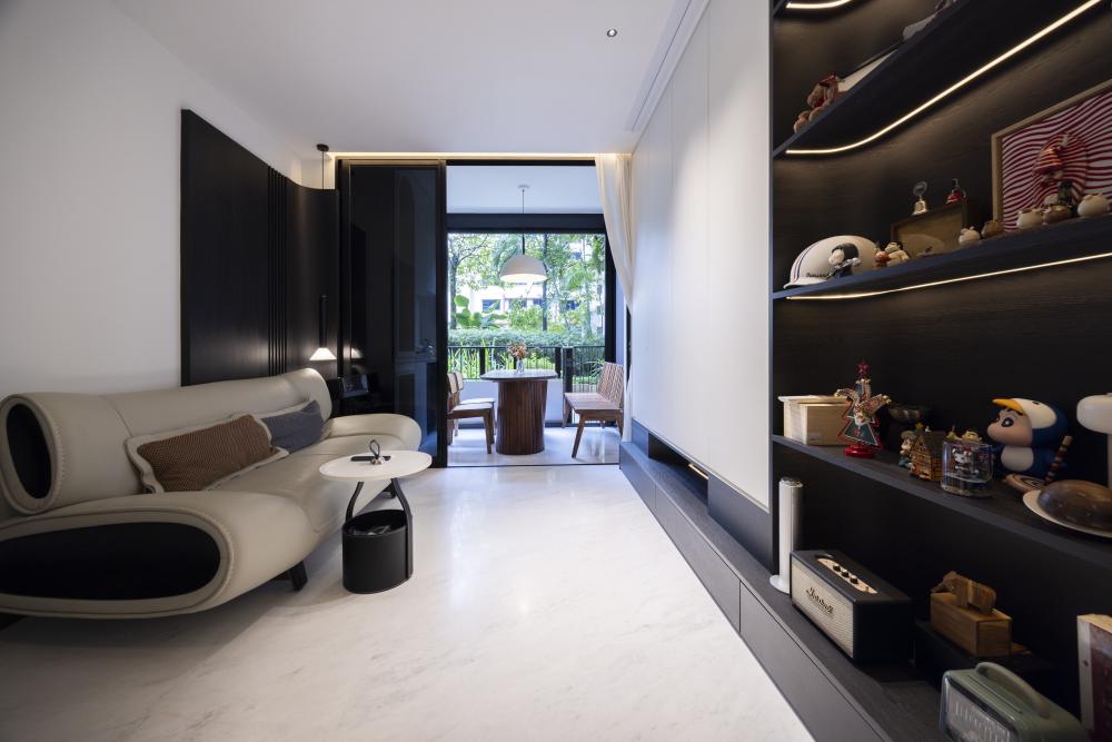 Contemporary Living Room with TV Console and Downlights