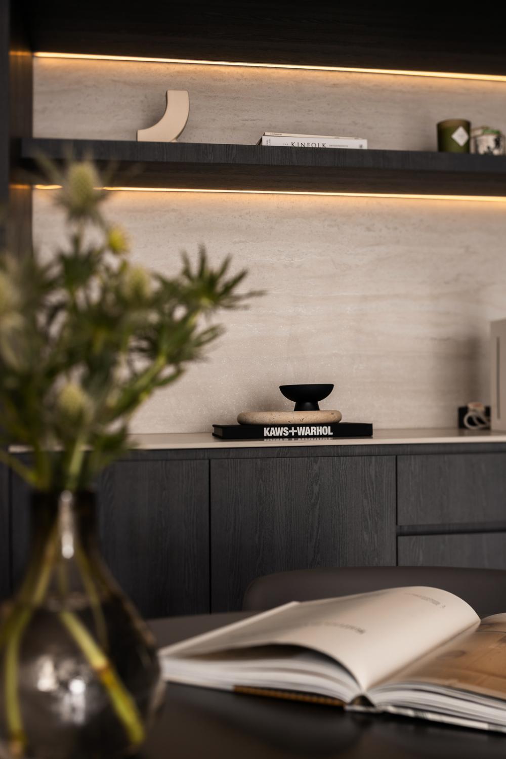 Contemporary Living Room with Kitchen Backsplash and Kitchen Cabinets