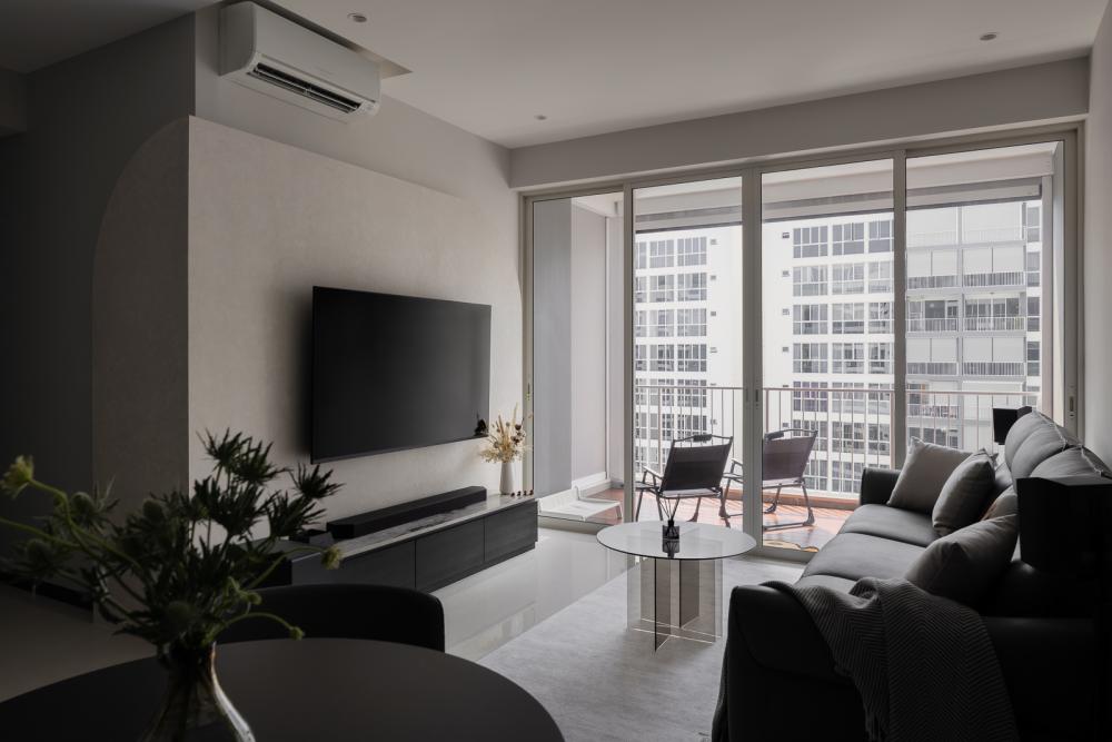 Contemporary Living Room with Homogeneous Tiles and TV Console