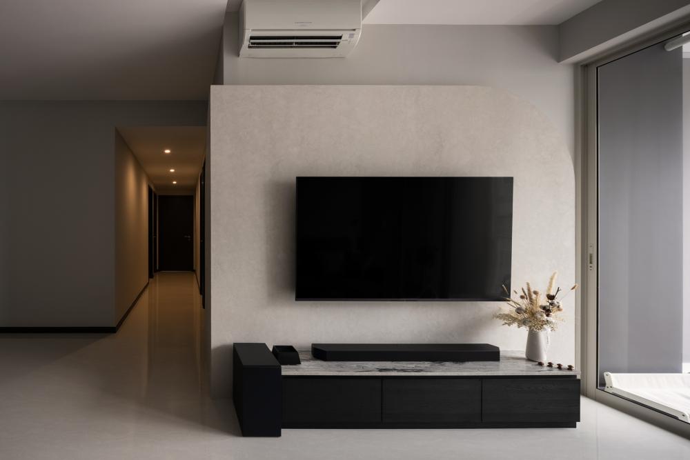 Contemporary Living Room with Homogeneous Tiles and TV Console