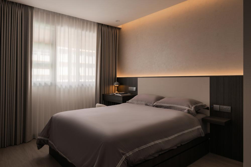 Contemporary Bedroom with Cove Lighting and Built-in Bed
