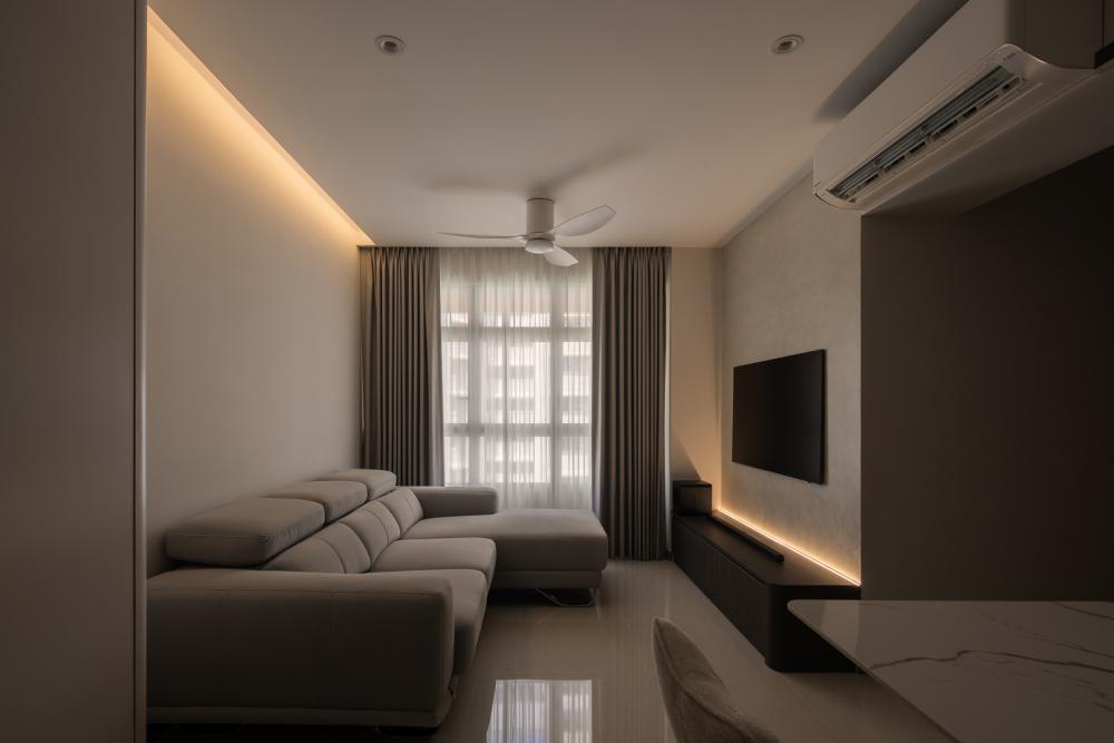 Contemporary Living Room with Homogeneous Tiles and TV Console