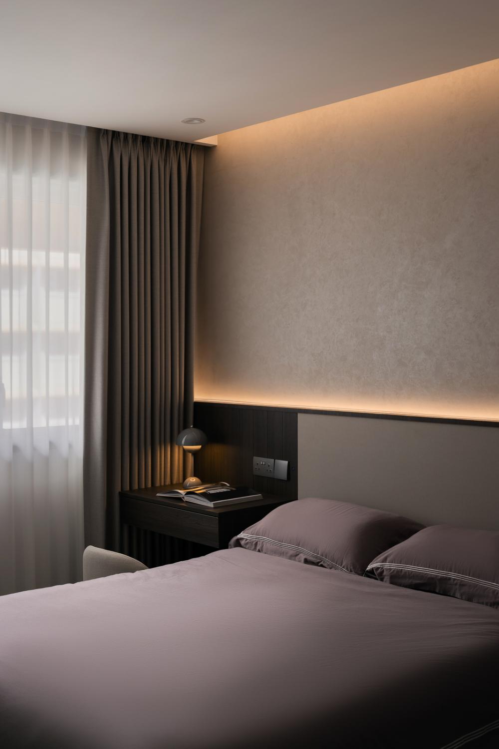 Contemporary Bedroom with Cove Lighting and Built-in Bed