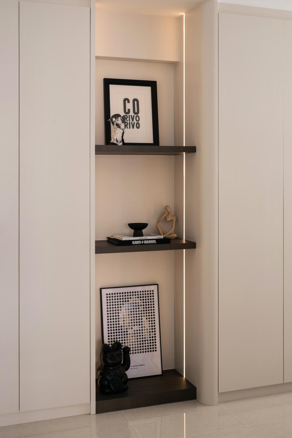 Contemporary Living Room with Homogeneous Tiles and Storage Cabinets