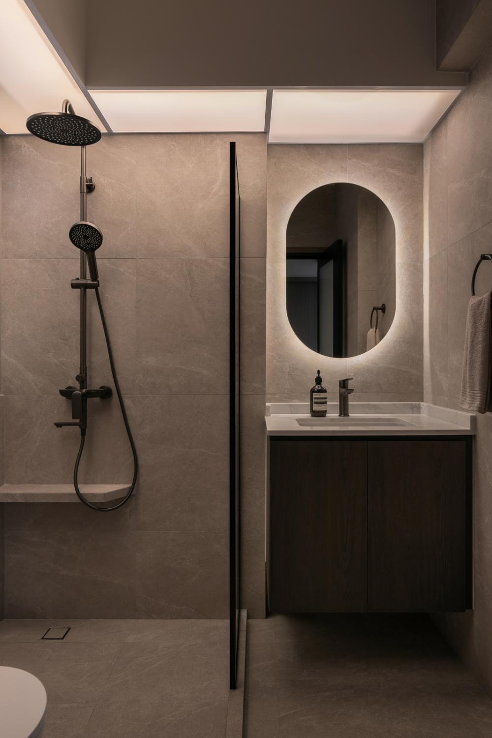 Contemporary Bathroom with Countertop and Homogeneous Tiles