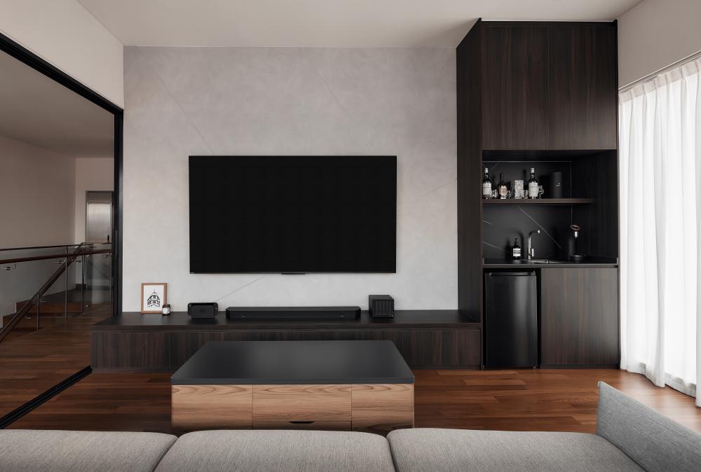 Modern Home Theatre with TV Console and Sofa
