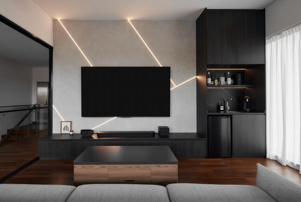 Modern Home Theatre with TV Console and Sofa