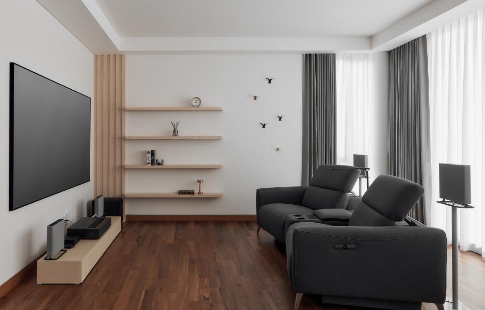 Modern Home Theatre with TV Console and Sofa