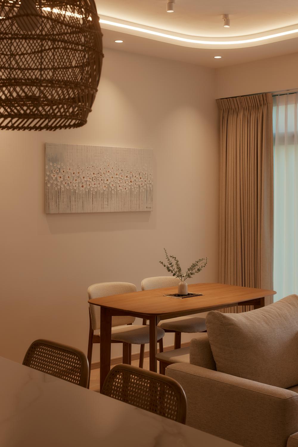 Asian Dining Room with Drop Light and Dining Table