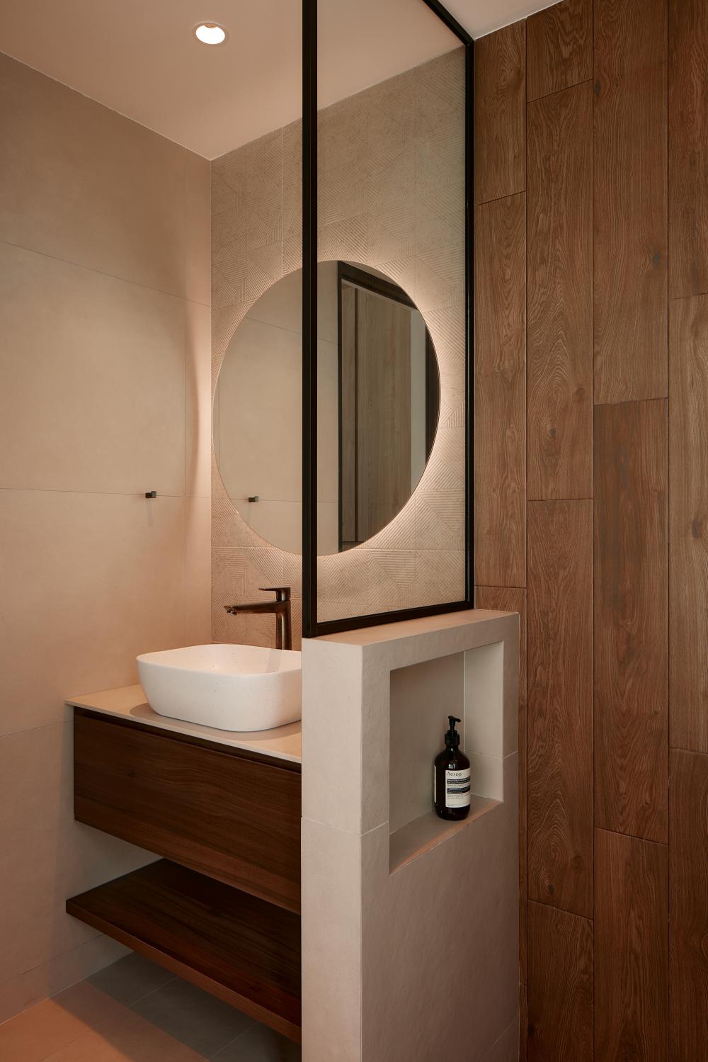 Asian Bathroom with Mirror and Bathroom Storage
