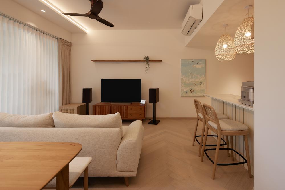 Asian Living Room with Parquet Floor and TV Console