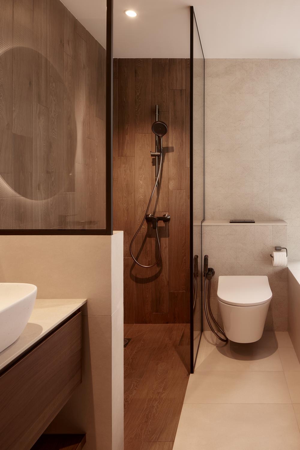 Asian Bathroom with Countertop and Mirror