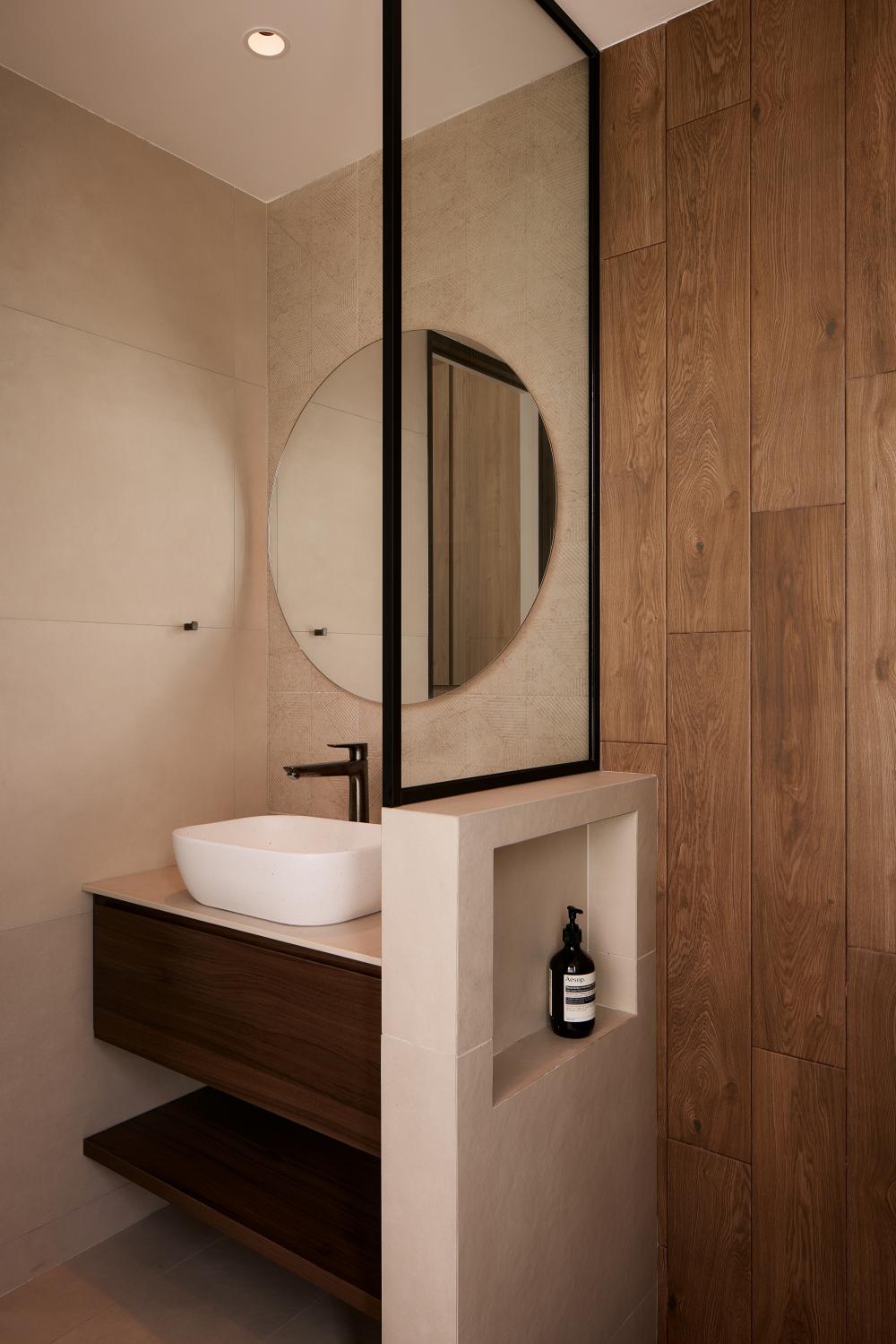 Asian Bathroom with Wood Flooring and Mirror