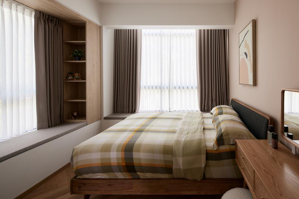 Asian Bedroom with Parquet Floor and Bedside Table