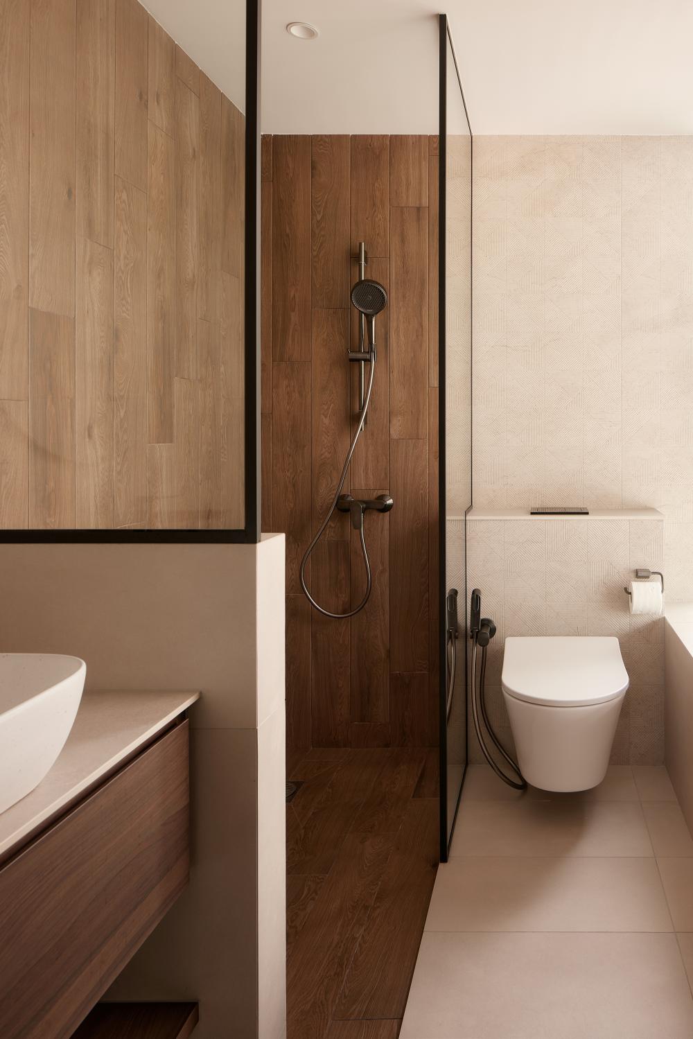 Asian Bathroom with Wood Flooring and Mirror