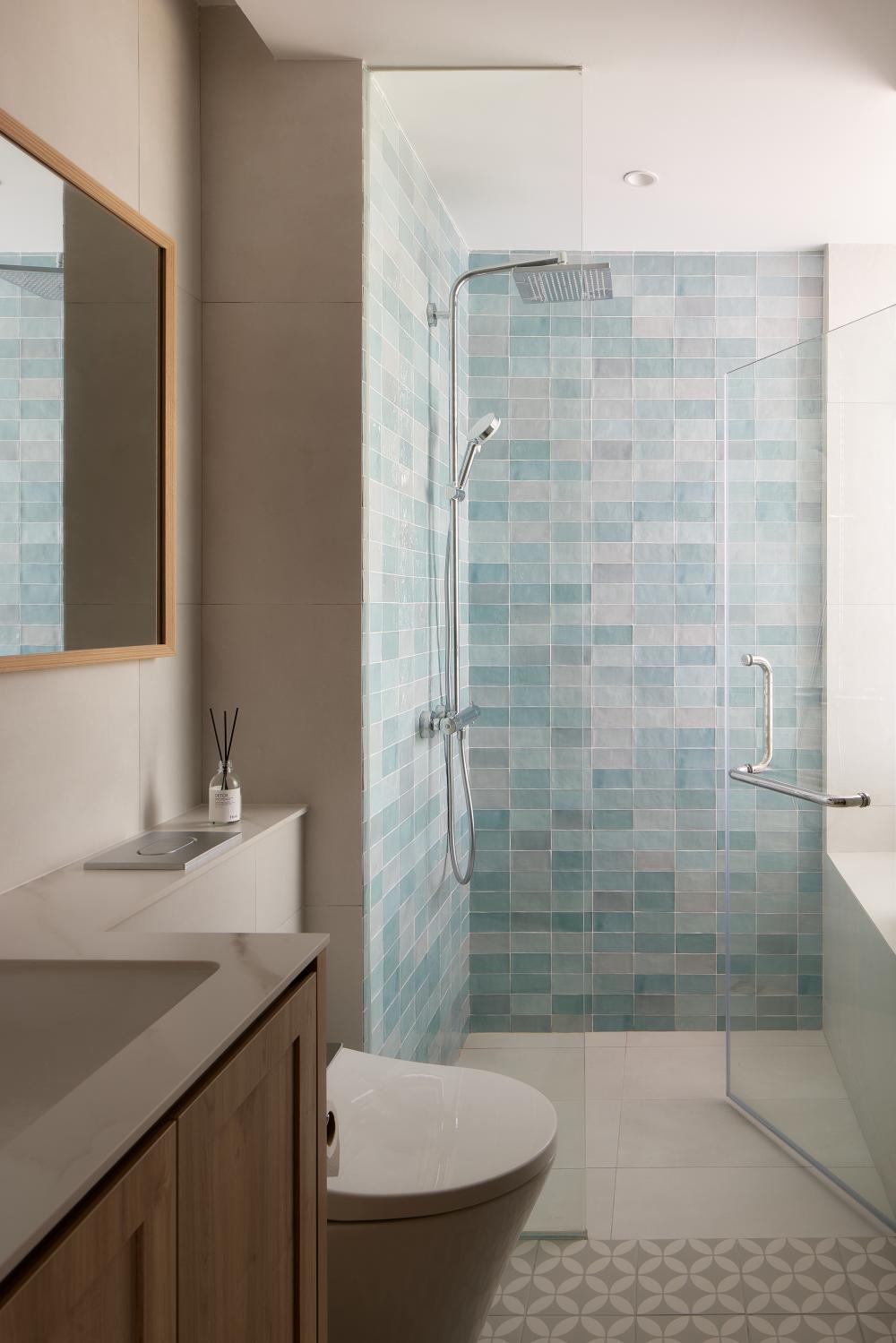 Asian Bathroom with Mirror and Bathroom Storage