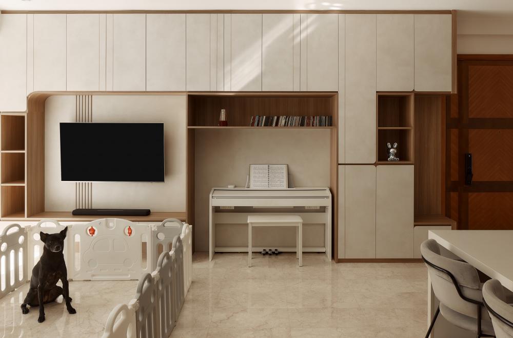 Asian Living Room with Marble Floor and TV Console