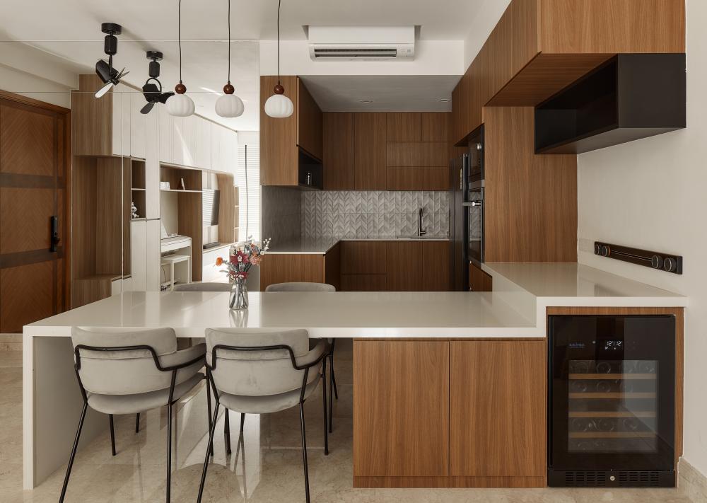 Asian Dining Room with Drop Light and Ceiling Light