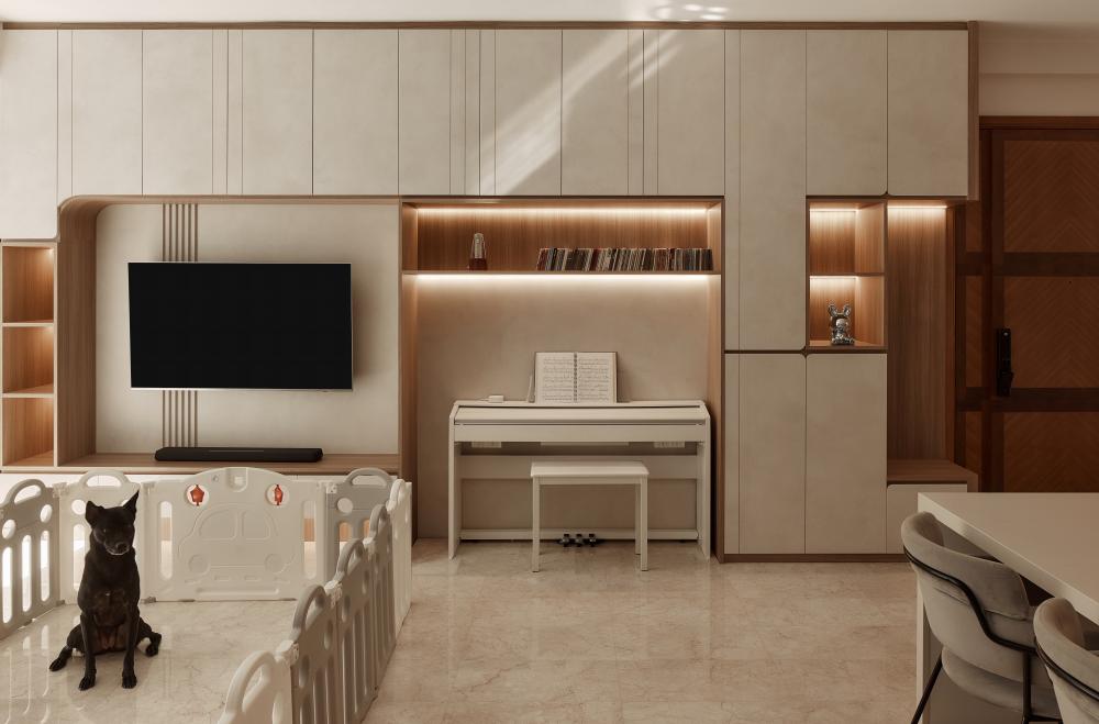 Asian Living Room with Marble Floor and TV Console