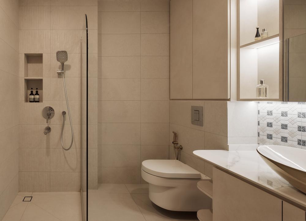 Asian Bathroom with Mirror and Shower Screen