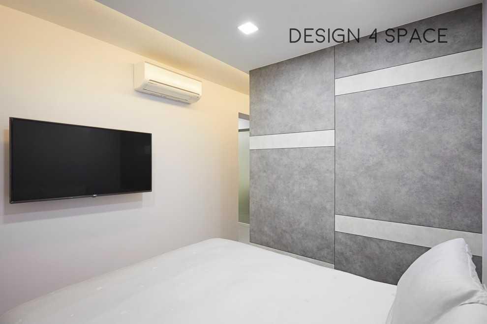 Modern Bedroom with Wood Flooring and Drop Ceiling