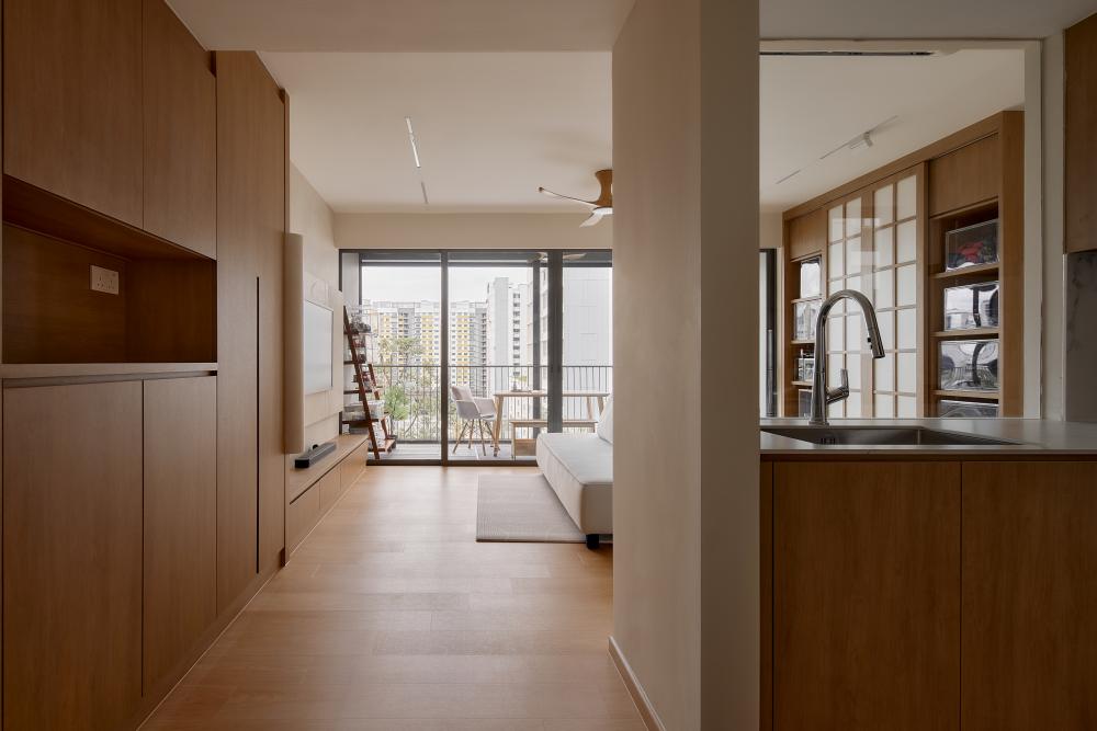 Asian Entryway with Wood Flooring and Small Storage