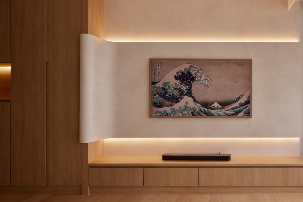 Asian Living Room with Wood Flooring and TV Console