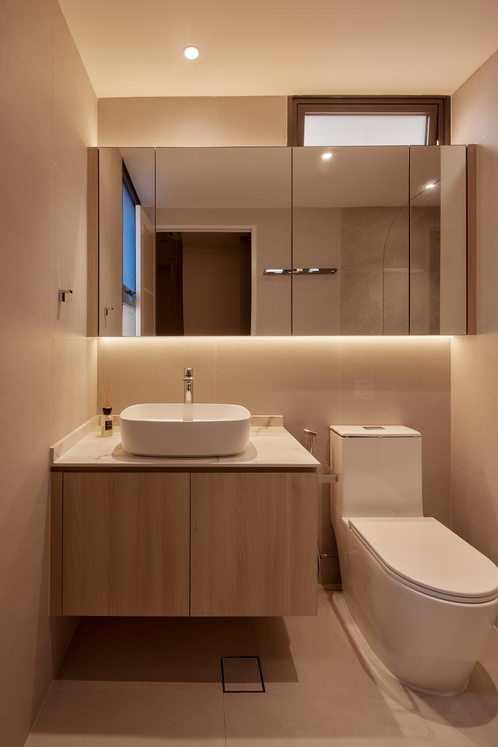 Asian Bathroom with Mirror and Bathroom Storage