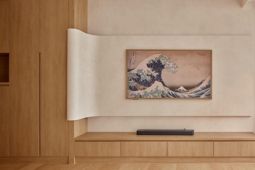 Asian Living Room with Wood Flooring and TV Console
