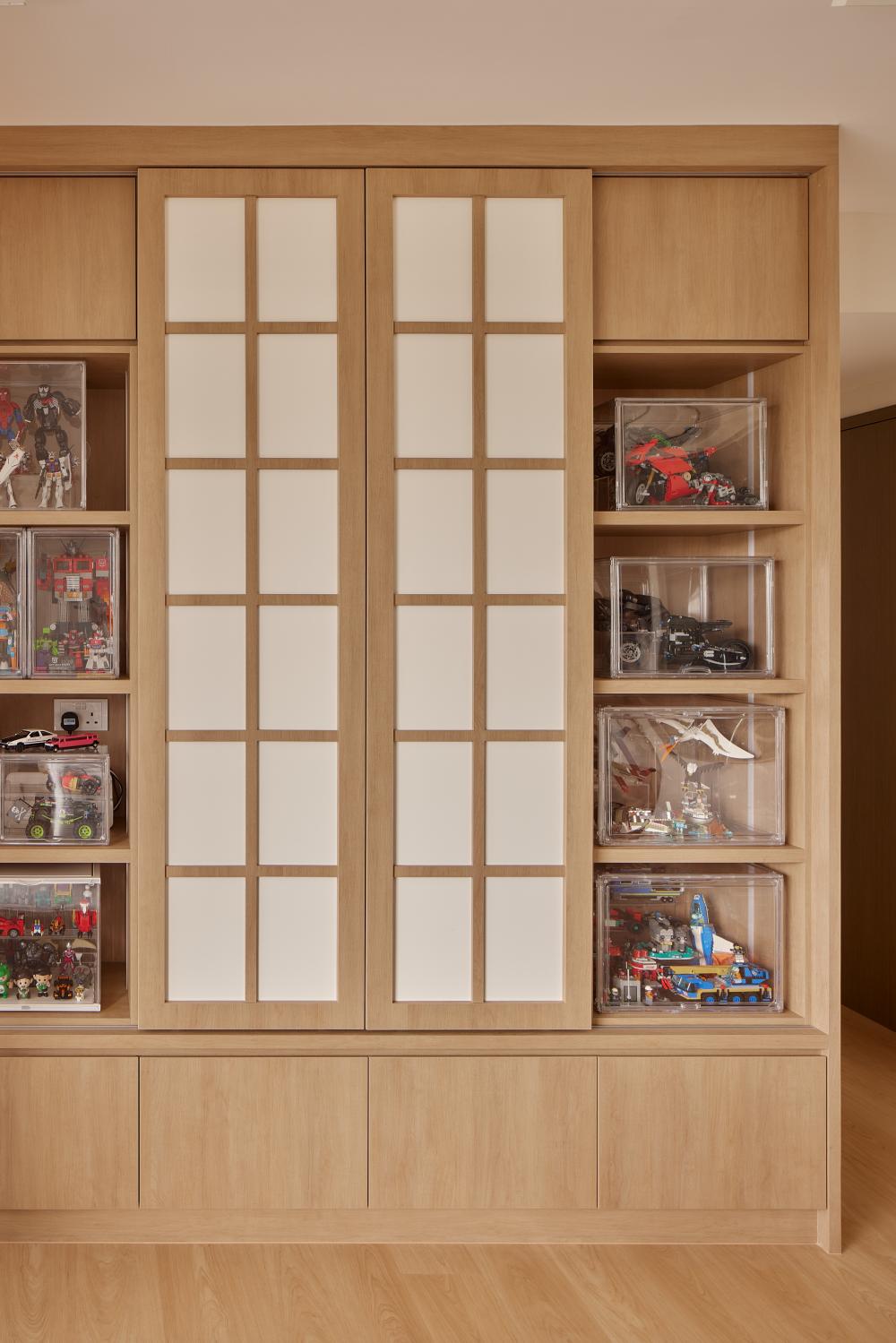 Asian Living Room with Wood Flooring and Feature Wall