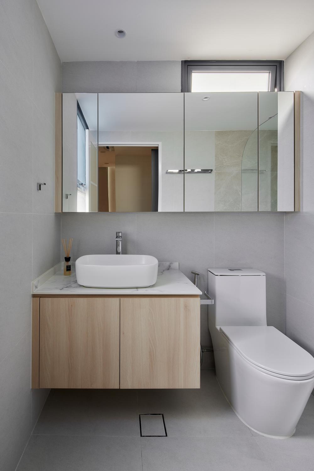 Asian Bathroom with Mirror and Bathroom Storage