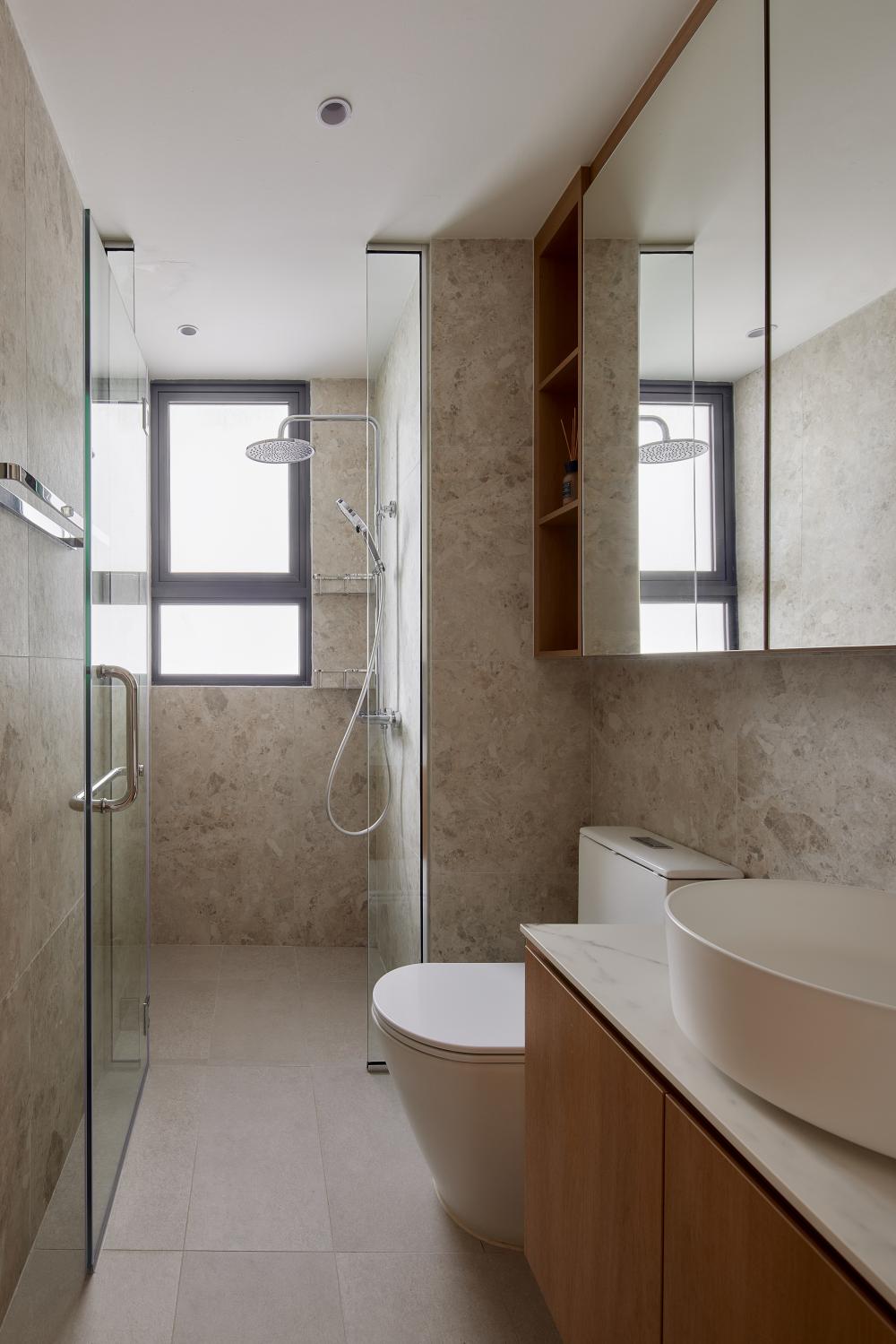 Asian Bathroom with Mirror and Bathroom Storage