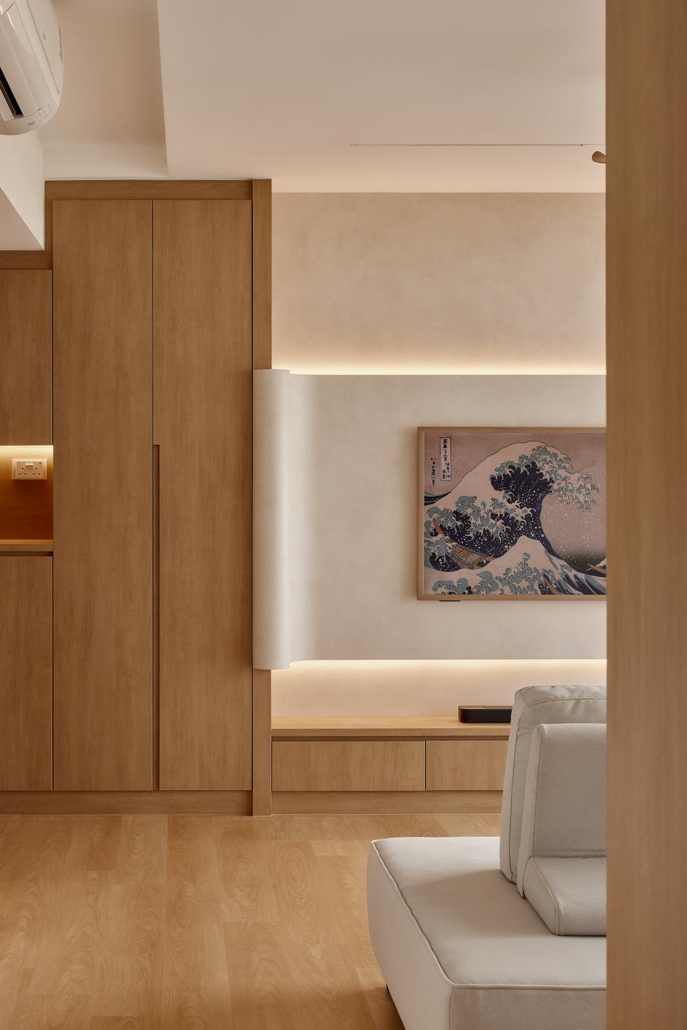 Asian Living Room with Wood Flooring and TV Console