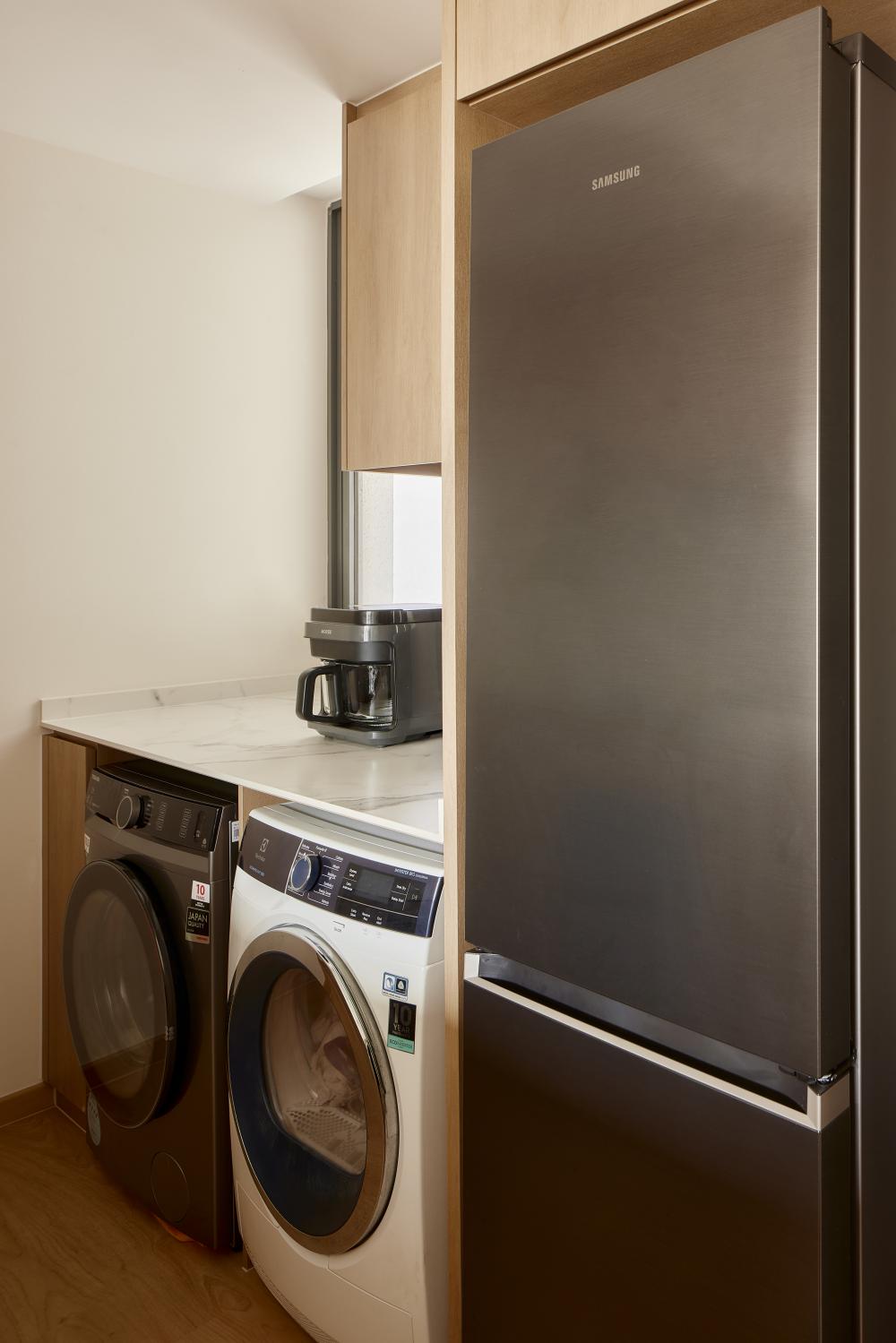 Asian Kitchen with Washing Machine and Refrigerator